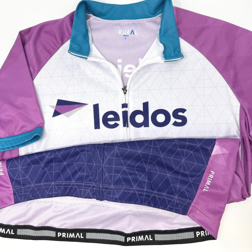 Primal Mens Leidos Cycling Jersey Large Purple‎ White Full Zip Short Sleeve